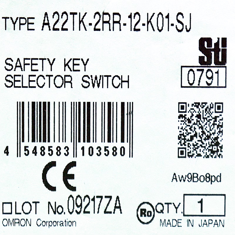 [신품] A22TK-2RR-12-K01-SJ OMRON (오므론) 세이프티 키 셀렉터 스위치