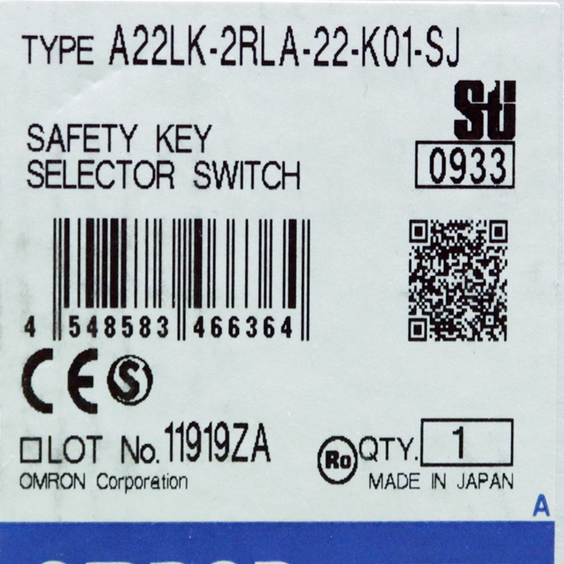 [신품] A22LK-2RLA-22-K01-SJ 오므론 (OMRON) 전자 락 세이프티 키 셀렉터 스위치